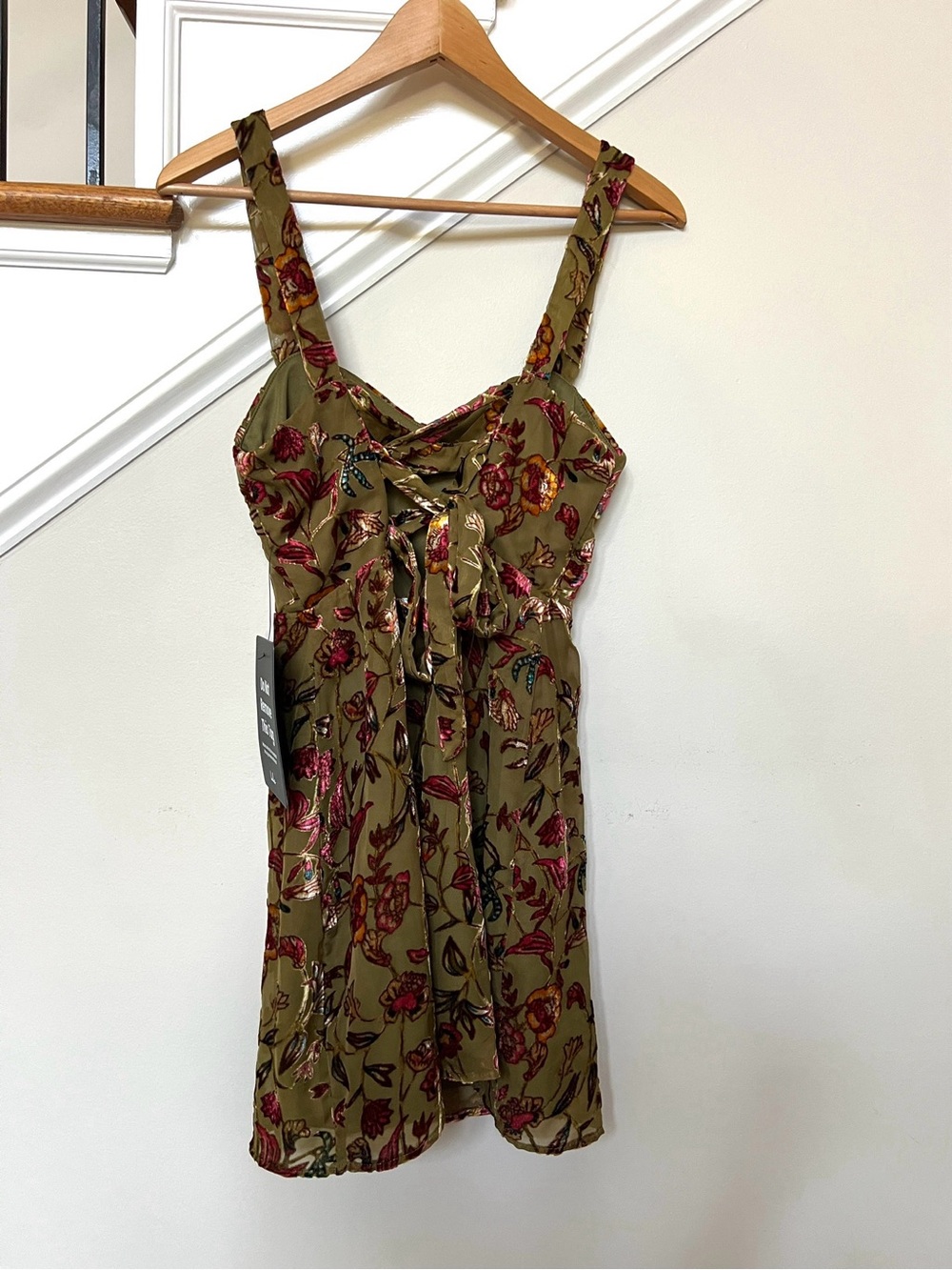 Whimsigoth Lulus Ruwie Olive Floral Velvet Lace-Up Burnout Skater Dress Y2K HOCO - Picture 2 of 11